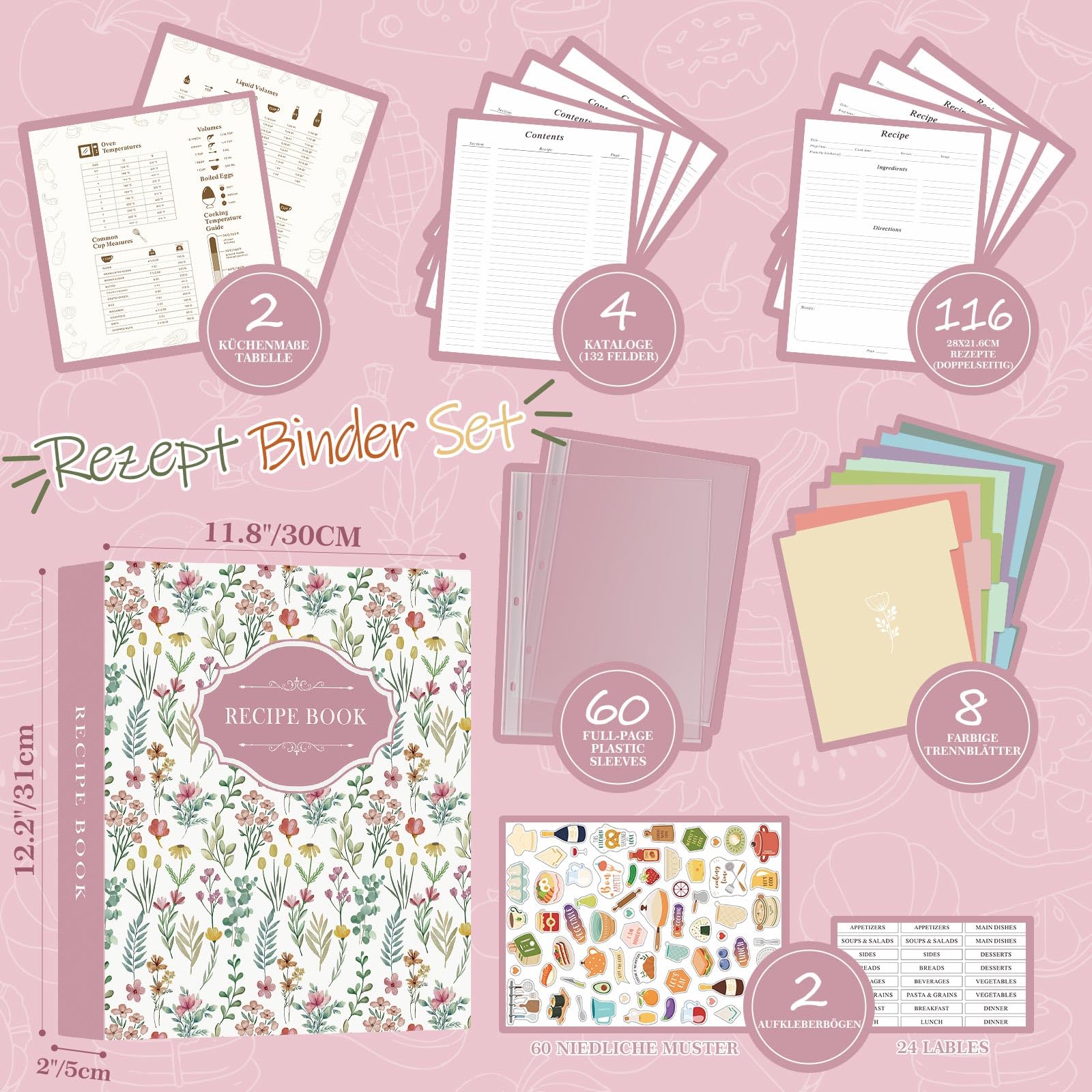 Lanpn Rezepte Ordner 3 Ringen für Kochrezepte, Kochbuch Selbst Schreiben, DIY Recipe Binder Rezeptordner mit 8 Trennblättern und 2 Aufklebern, Leder Rezeptbuch zum Selberschreiben, Rose, Englisch