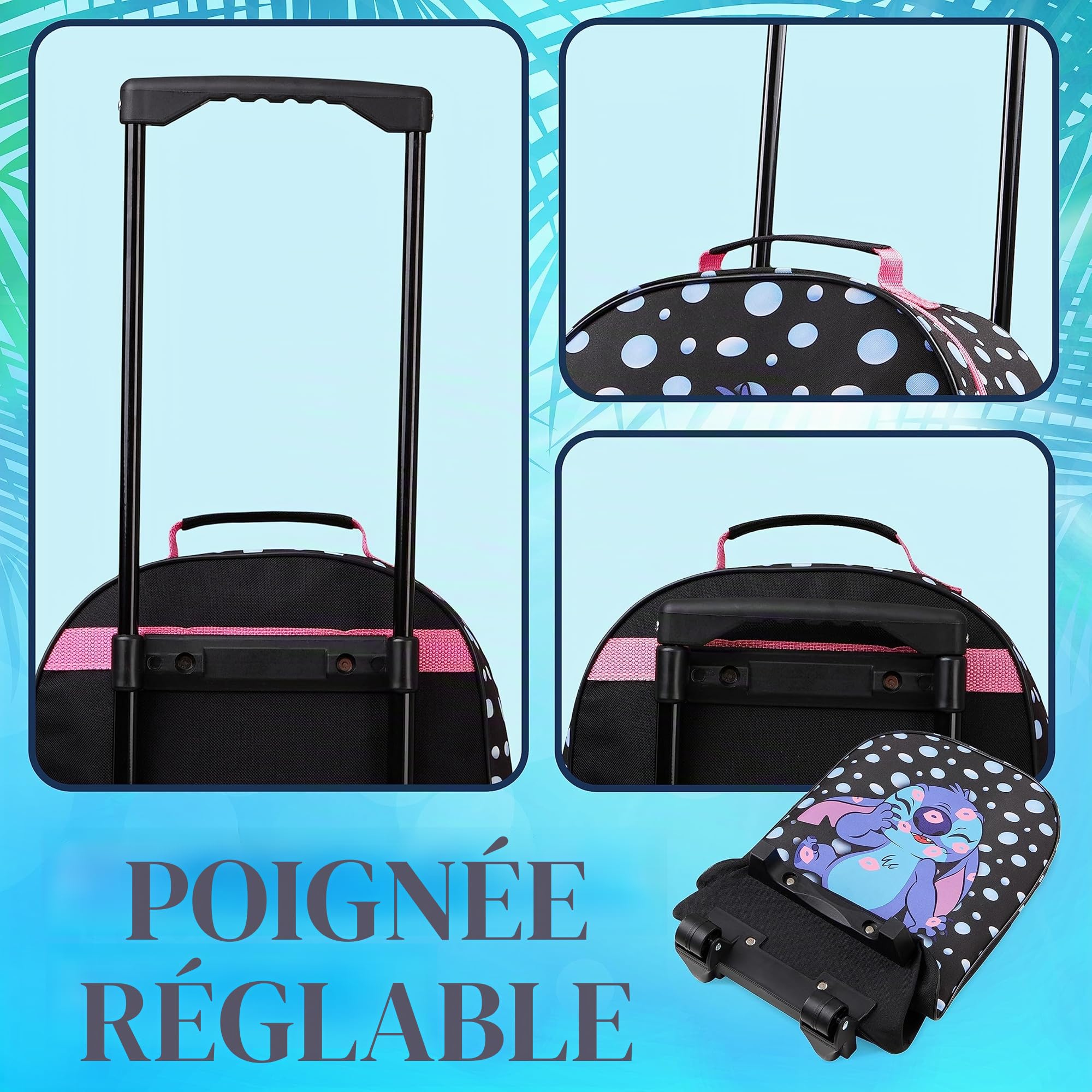 Disney Valise Enfant Fille Valise Stitch Minnie Elsa Reine des Neiges Petite Valise Souple roulettes Pliables Trolley Bag Bagages Enfant Voyage Cabine Sac Trolley Enfant (Noir Stitch)