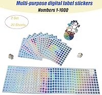 Vista 2 de 20 hojas de 1 a 1000 calcomanías reflectantes impermeables para números láser, calcomanías redondas autoadhesivas para inventario/organización