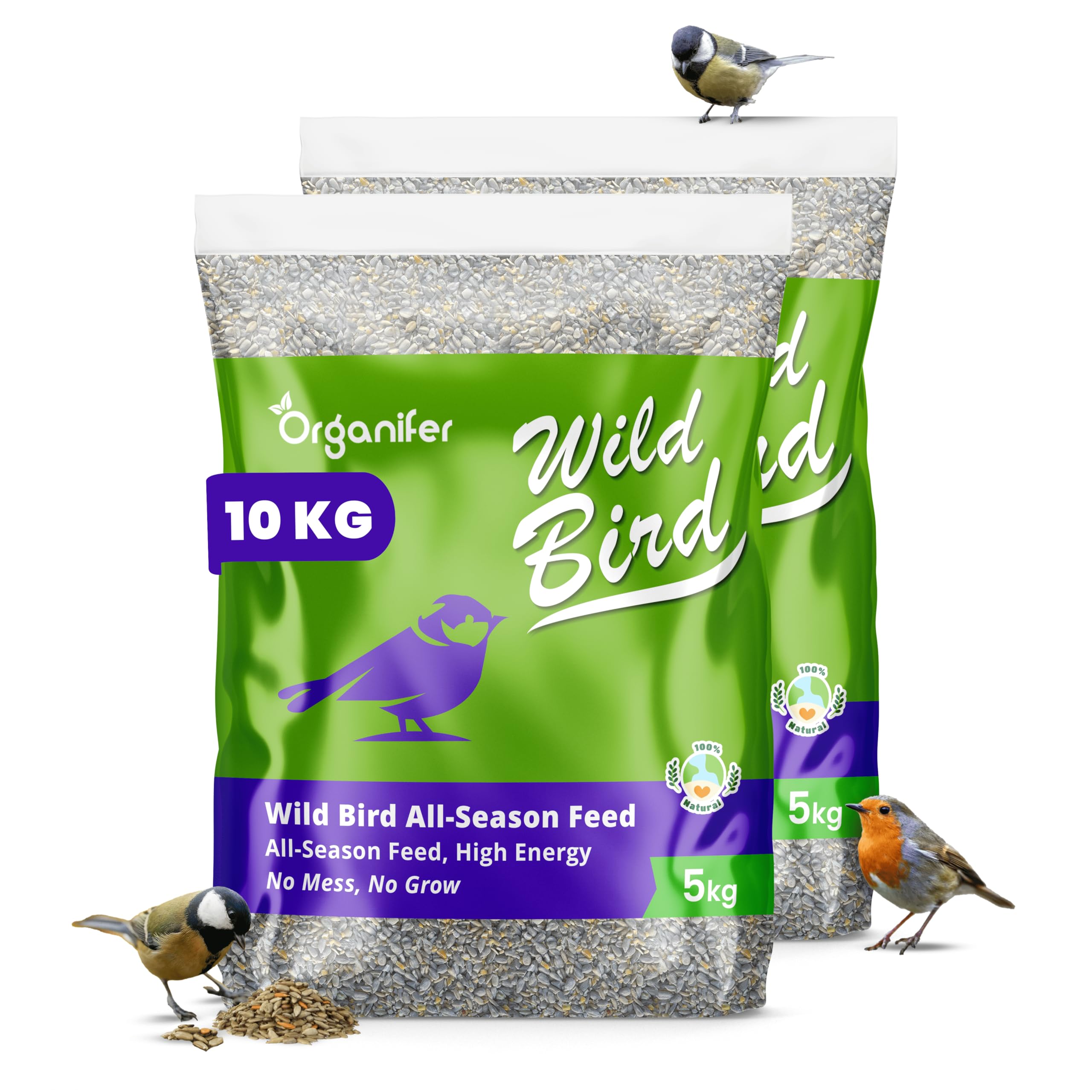 Vogelfutter Für Gartenvögel (10 Kg) Premium Mix - Kein Durcheinander, Keim Und Unkrautfrei, Reich An Fett Und Protein - Alle Jahreszeiten - Vogelhäuschen Und Silos - Fördert Die Gesundheit - Organifer
