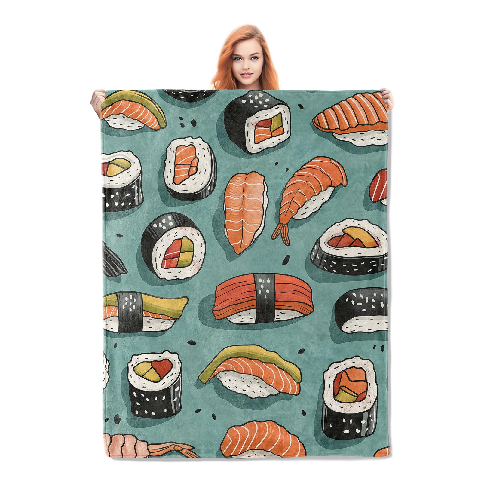Sushi Delights Pattern Blanket Gifts for Women Girls Adults Kids Soft Warm Lightweight Cozy Colorful Japanese Food Flannel Throw Blankets for Bed Sofa