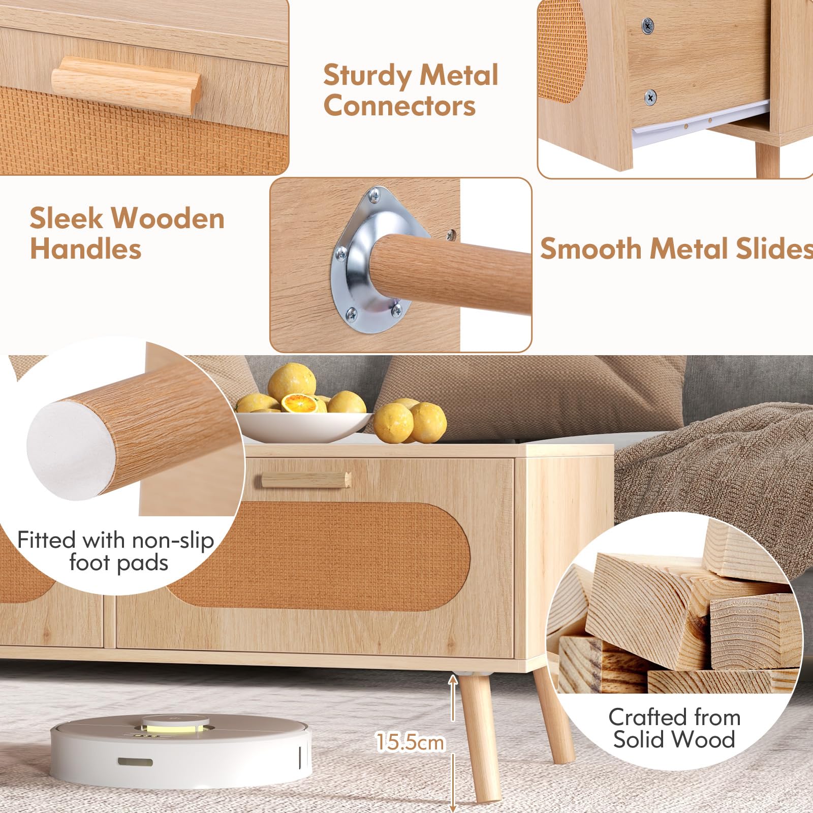 LIFEZEAL Mesa de Centro con 2 cajones y 1 Compartimento Grande, Mesa de salón con 4 Patas de Madera Maciza, Capacidad de Carga 60 KG, 100 x 50 x 41 CM, Natural, Estilo rústico