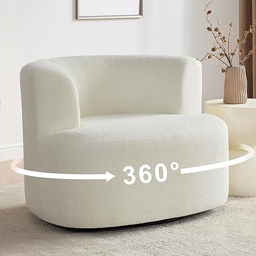Modern Swivel Accent Barrel Chair, 360° Round Swivel Chair Accent Armchair with Boucle Lambswool Fabric and Sturdy Base, Barrel Cloud Chairs for Living Room, Bedroom, Reception Room, Beige