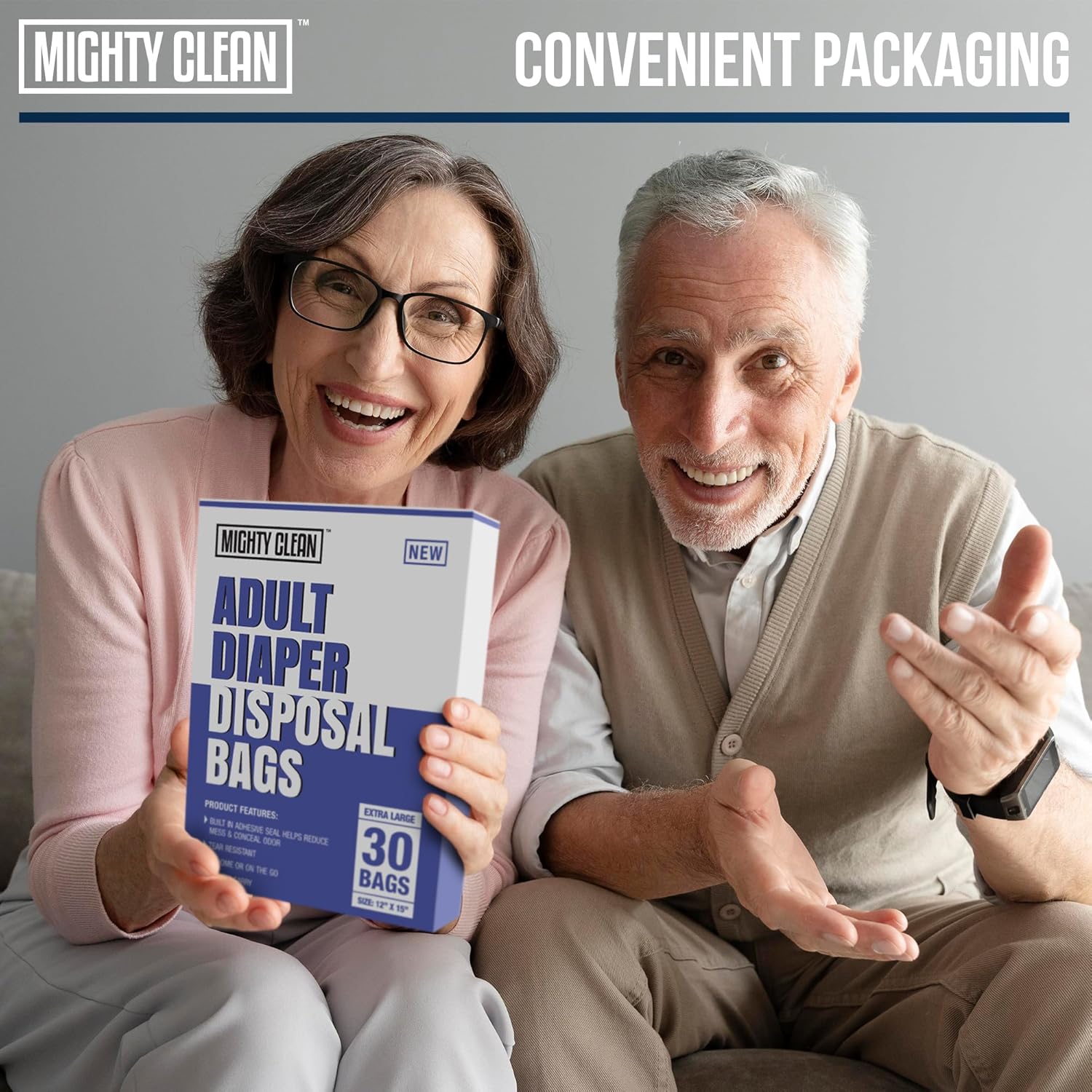 Mighty Clean Extra Large Adult Diaper Disposable Bags - 30 Bags | Leak-Proof, Odor Sealing, Tear Resistant | Discreet for Diapers, Incontinence Pads, Sanitary Product Disposal | Durable and Unscented