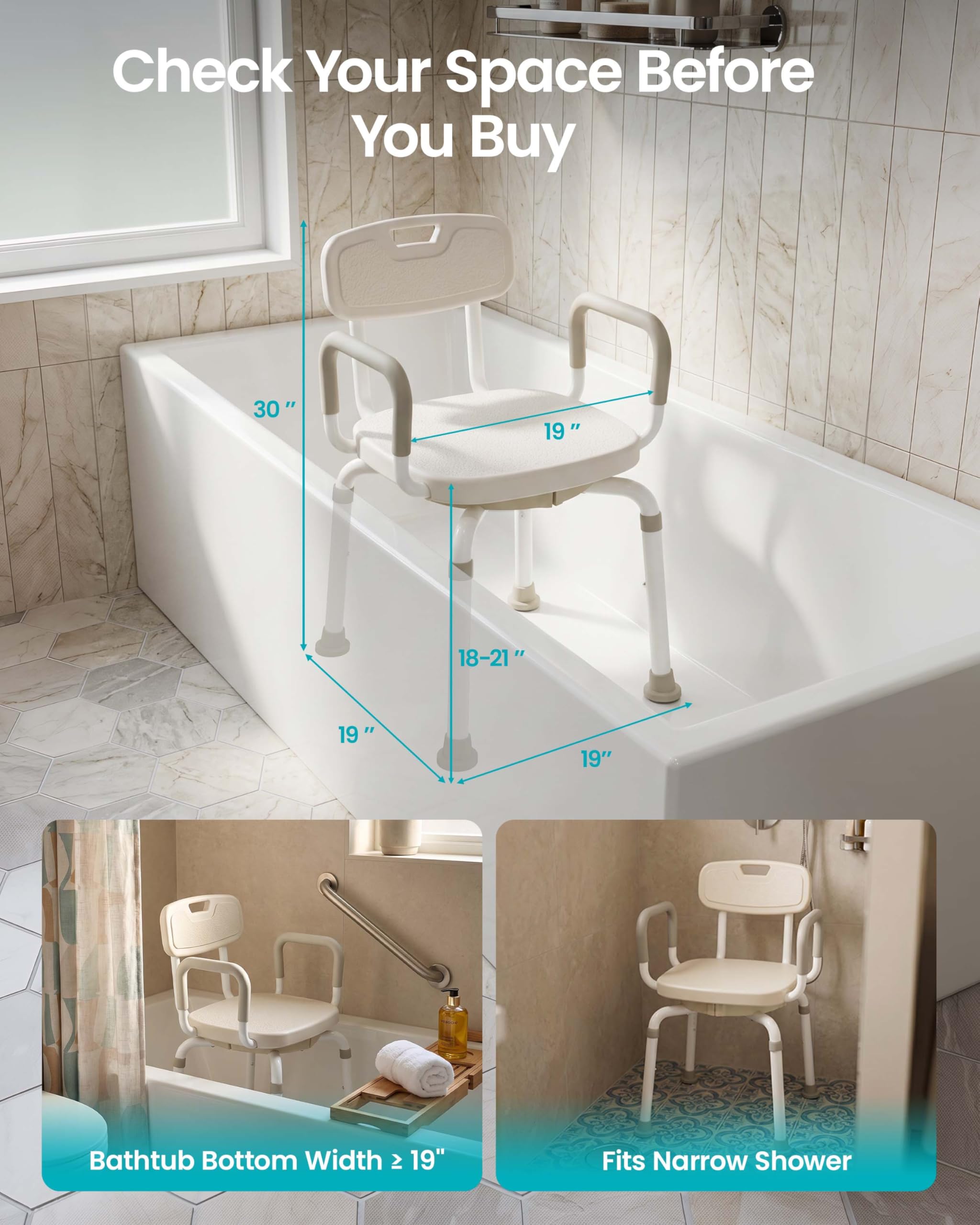 Silla de ducha giratoria para ducha interior, gira sin estar de pie, asiento de baño giratorio resistente de 660 libras con brazos y respaldo, altura ajustable de 18 a 21 pulgadas para personas
