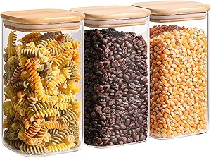 ComSaf 1.4 Qt Glass Storage Containers with Lids, Glass Jars with Lids, Clear Food Storage Jar, Square Canister Set of 3, Pantry Organizers and Storage for Flour Oat Pasta Tea Cookie Coffee Bean