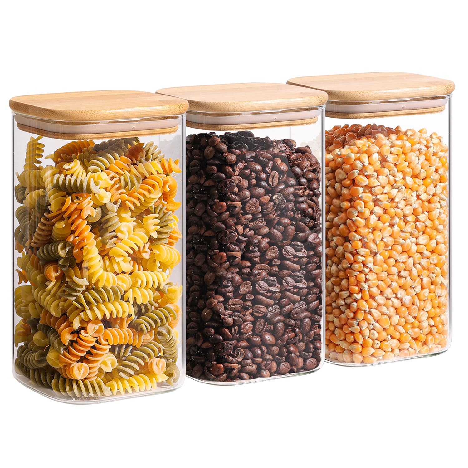 ComSaf 1.4 Qt Glass Storage Containers with Lids, Glass Jars with Lids, Clear Food Storage Jar, Square Canister Set of 3, Pantry Organizers and Storage for Flour Oat Pasta Tea Cookie Coffee Bean