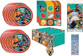 Unique Space Jam Birthday Party Supplies Bundle Pack includes Lunch Plates, Lunch Napkins, Table Cover, Dinosaur Stickers - Bundle for 16