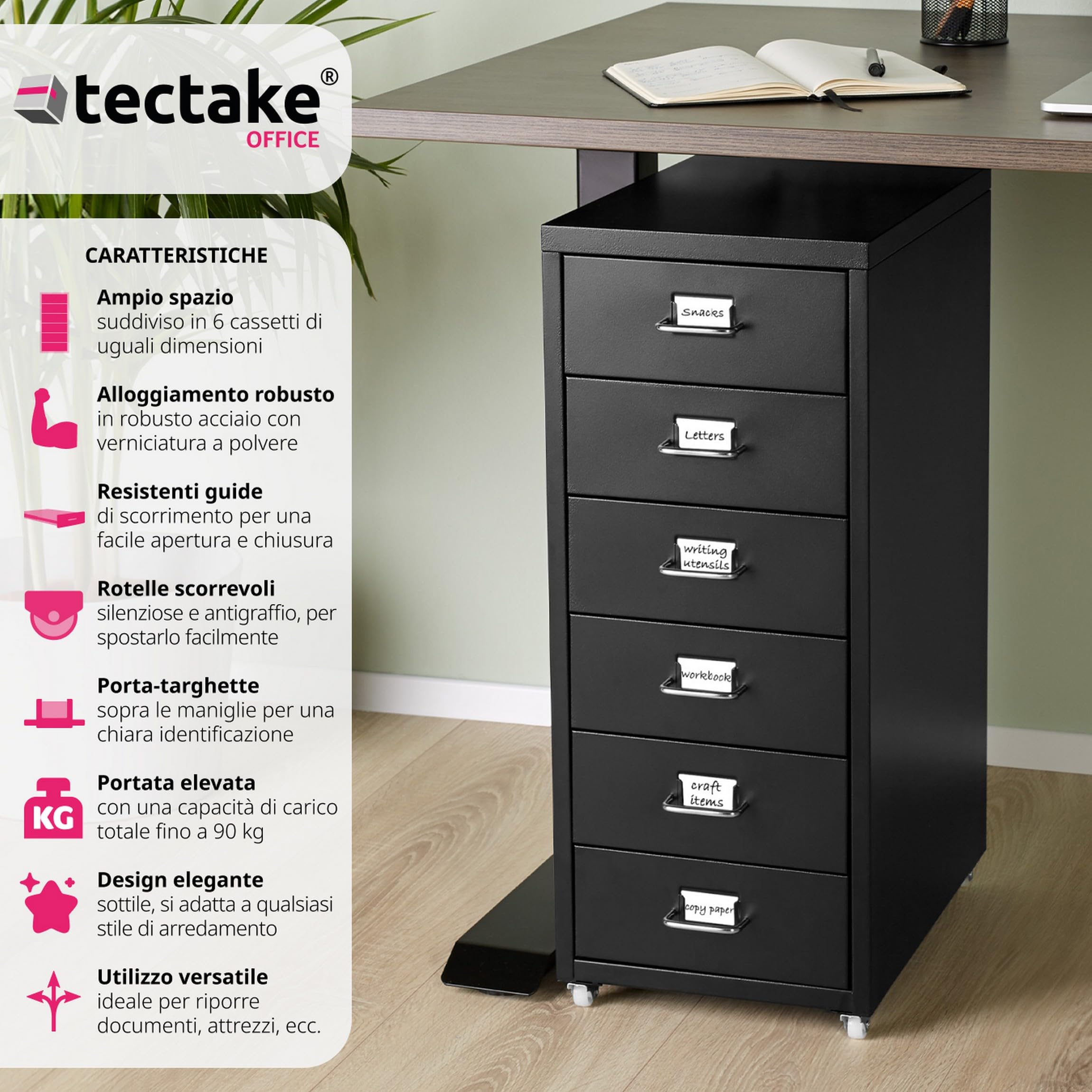 tectake® Cassettiera A Rotelle In Metallo, Schedario Uffici, Mobiletto Ufficio 6 Cassetti, Raccoglitore Documenti, Cassettiera Ufficio Porta Documenti in Acciaio 41 X 28 X 69 cm - Nero