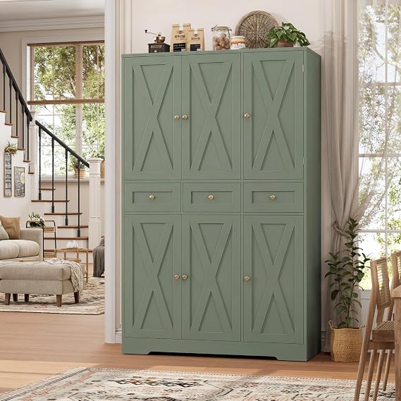 HOSTACK Modern Farmhouse Kitchen Pantry Storage Cabinet, 67 H Kitchen Pantry Cabinet with Barn Doors and Shelves, Freestanding Food Storage Cabinets with Drawers for Dining Room, Living Room, Green