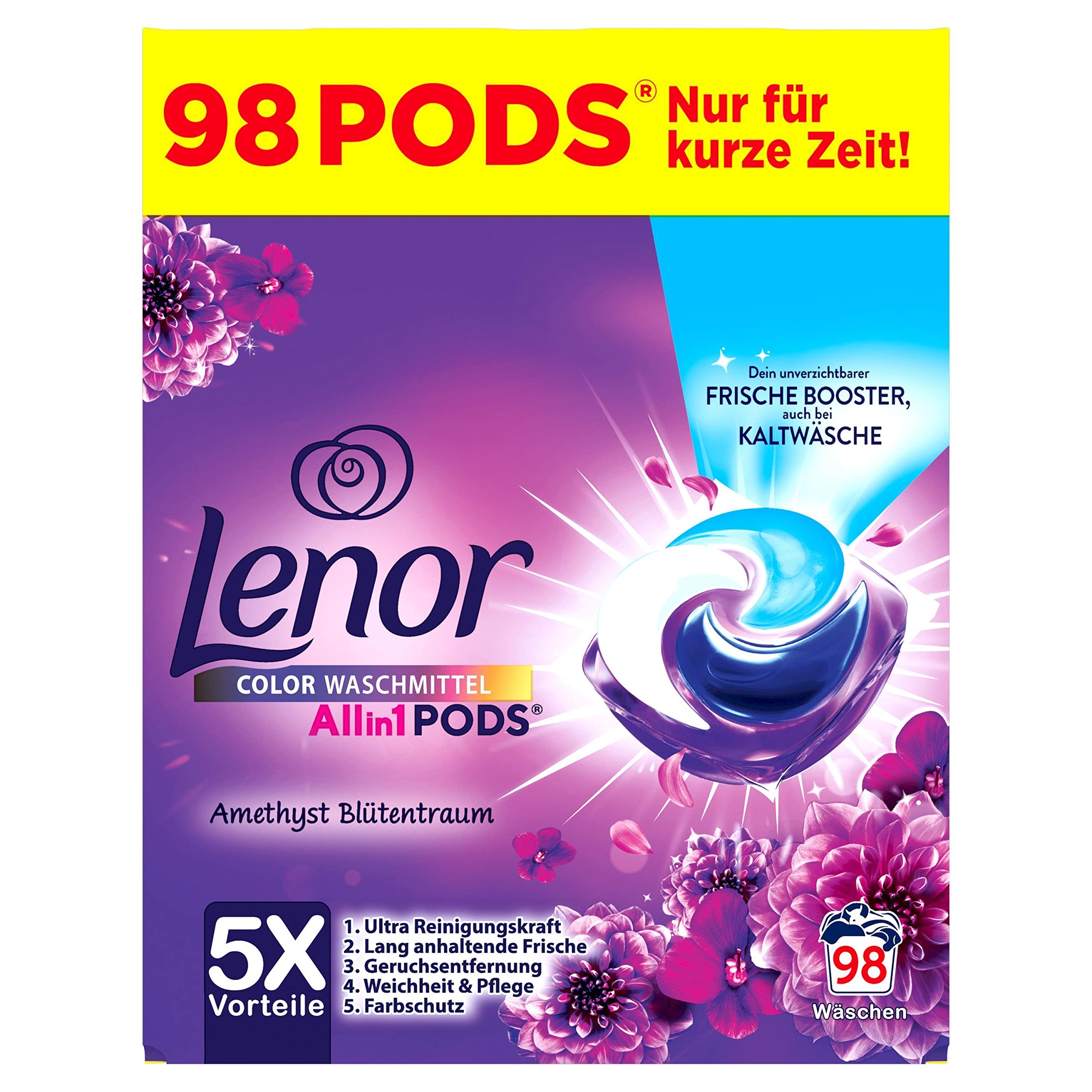 Lenor Colorwaschmittel Allin1 PODS Amethyst Blütentraum 98 Waschladungen, Hygienische Tiefenreinigung und Lang Anhaltende Frische
