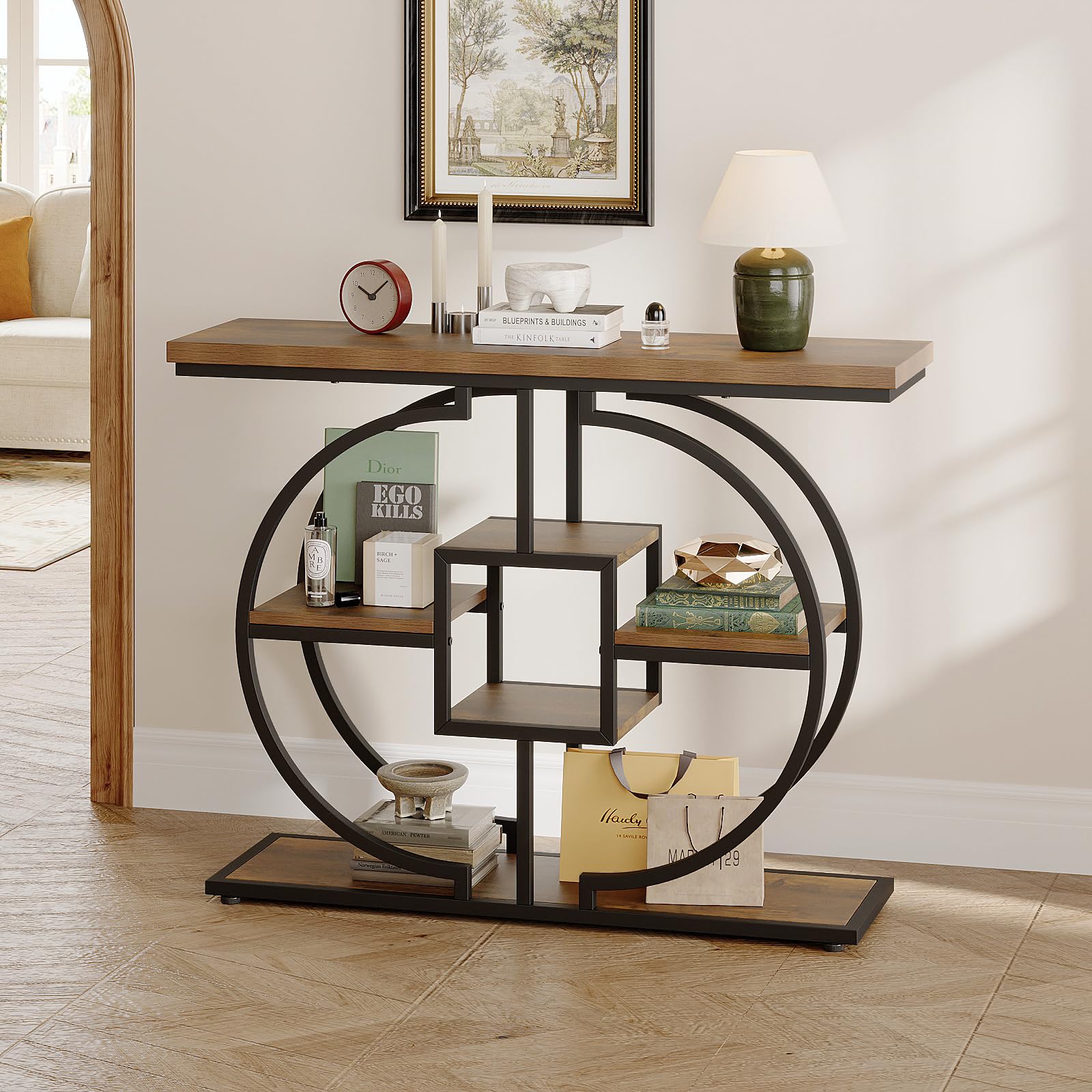 Trironsun - Tavolo consolle stretto per corridoio, tavolo da salotto rustico a 4 livelli con struttura circolare in metallo, tavolo industriale d'ingresso in legno con ripiani per soggiorno e ingresso