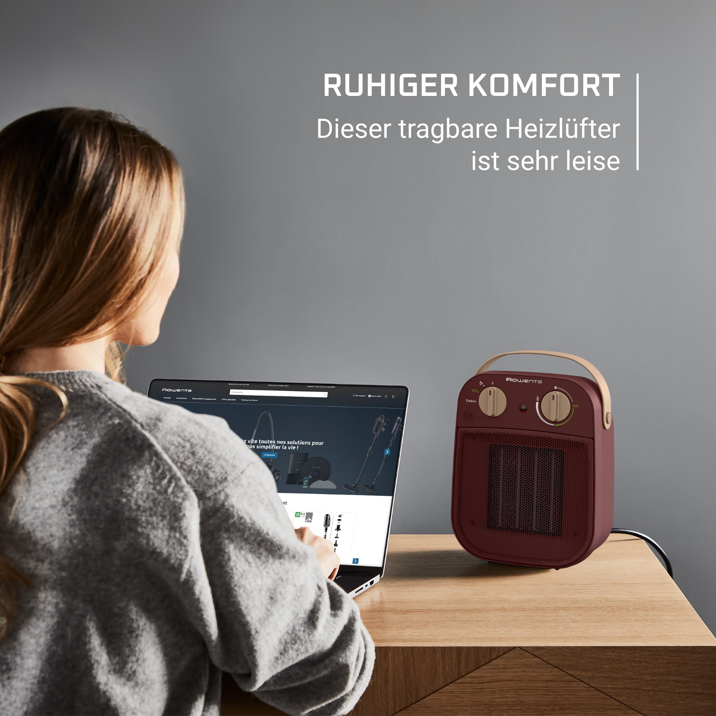 Rowenta Heizlüfter mit Tragegriff mobil für 25m², leise 42dB, Keramik heizt sofort auf, Eco-Modus spart 50% Strom, Turbo schnell warm, tragbar für Bad Büro Schlafzimmer Camping, Heizgerät kompakt, Rot