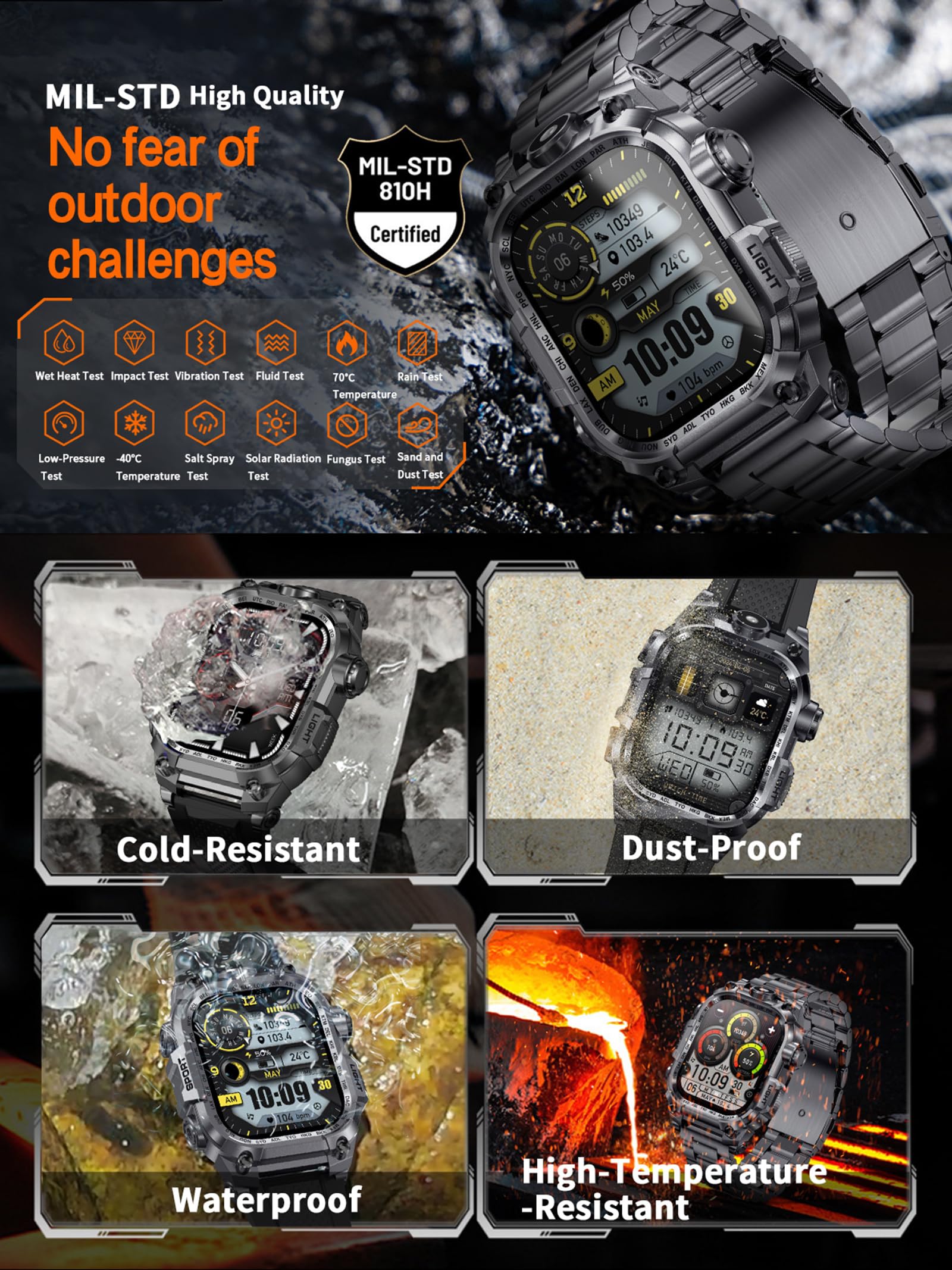 Militär Smartwatch Herren mit Taschenlampe Telefonfunktion Fitnessuhr Blutdruck Pulsmesser Schlaf Monitor Outdoor Schrittzähler Uhr für Android iOS Lange Akkulaufzeit Laufuhr Herren Tactical Watch
