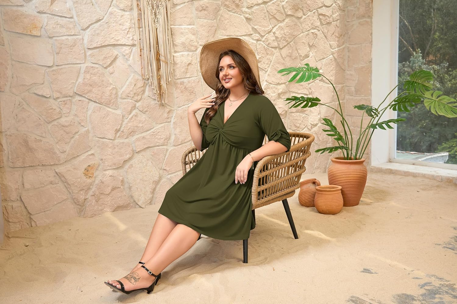 Womens Plus Size Dress Roll up Long Sleeve Casual Deep V Neck Twist Knot Front Flowy Dresses with 2 Pockets - Image 6