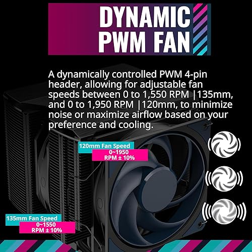 Miniatura 11 de Cooler Master MasterAir MA824 Stealth - Enfriador de aire para CPU de doble torre, 8 tubos de calor, ventiladores Dual Mobius 120|5.118 in, base de