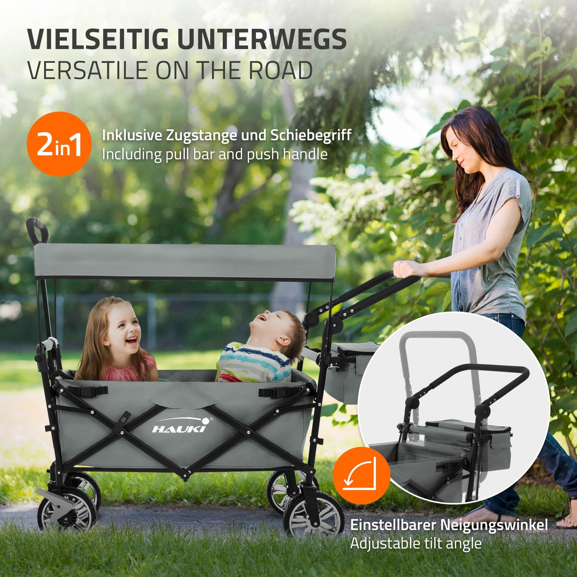Hauki Chariot de Transport Pliable à Main avec Toit, Gris, Poussette de Plage Jardin avec Sac et Siège à 2 Places, Roulette avec Freins, Pivotante à 360°, Charge Max. 120 kg, pour Enfants/Outils