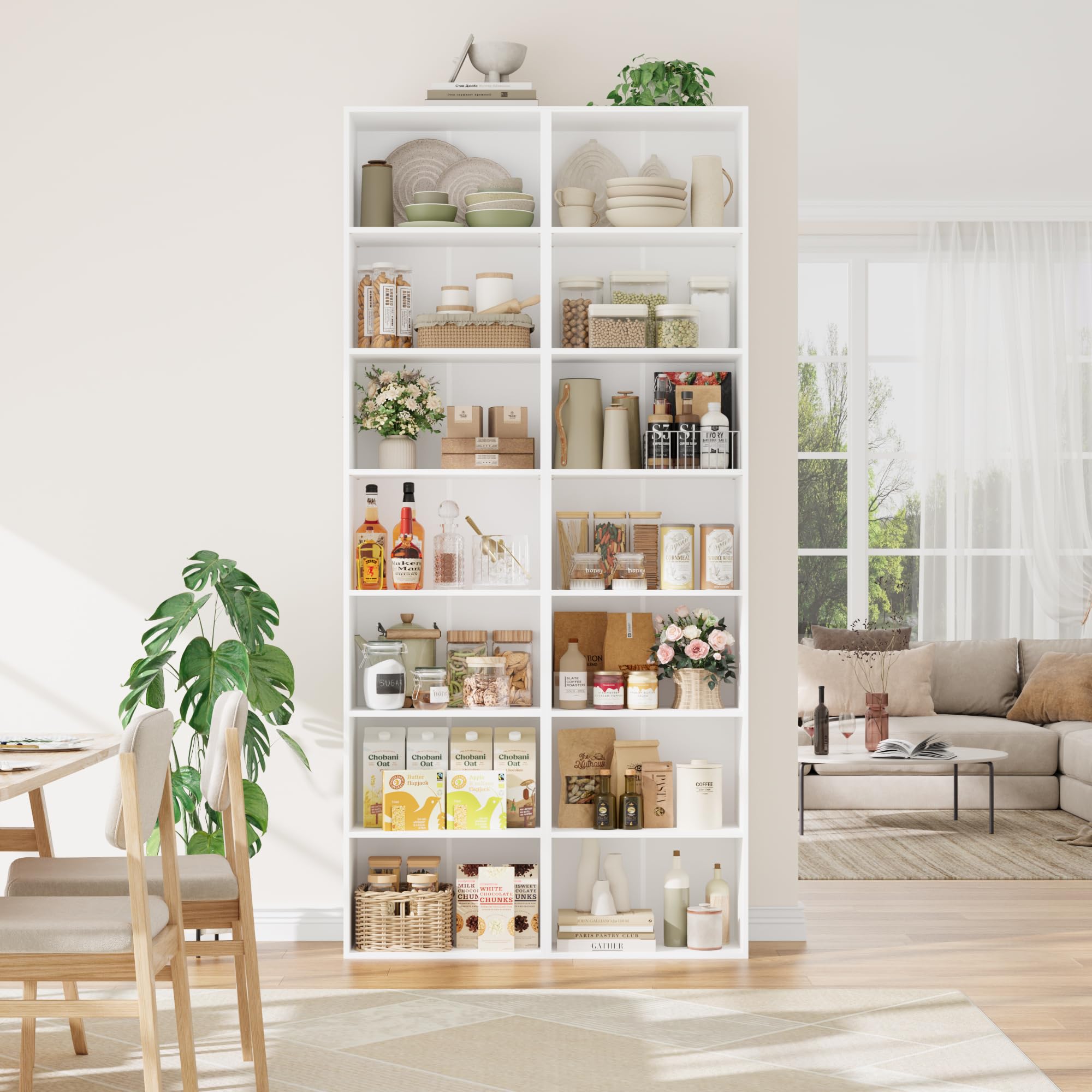 FirFurd 220 cm Libreria Profonda 30 cm, Libreria da Parete a 7 Ripiani, Librerie con Ripiani Regolabili, Scaffale Salvaspazio, per Studio, Soggiorno, Ufficio, Cucina, 48x30x220cm, Bianco