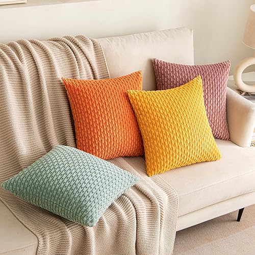 Miniatura 4 de EMEMA Juego de 2 fundas de almohada cuadradas de pana suave a rayas de 16 x 16 pulgadas, fundas de cojín cuadradas para decoración del hogar rural