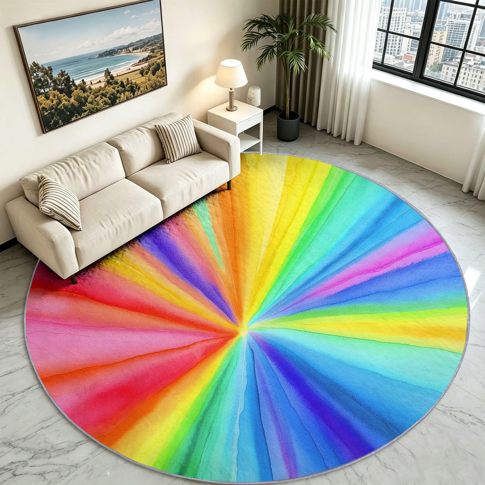 Tapis Rond Lavable en Machine pour Enfants 160 cm, Poils Doux et Facile à Entretenir Arc‑En‑Ciel Interieur Chambre à Coucher Salon Bureau Tapis Antidérapant Couleurs Résistantes Rayons Solaires