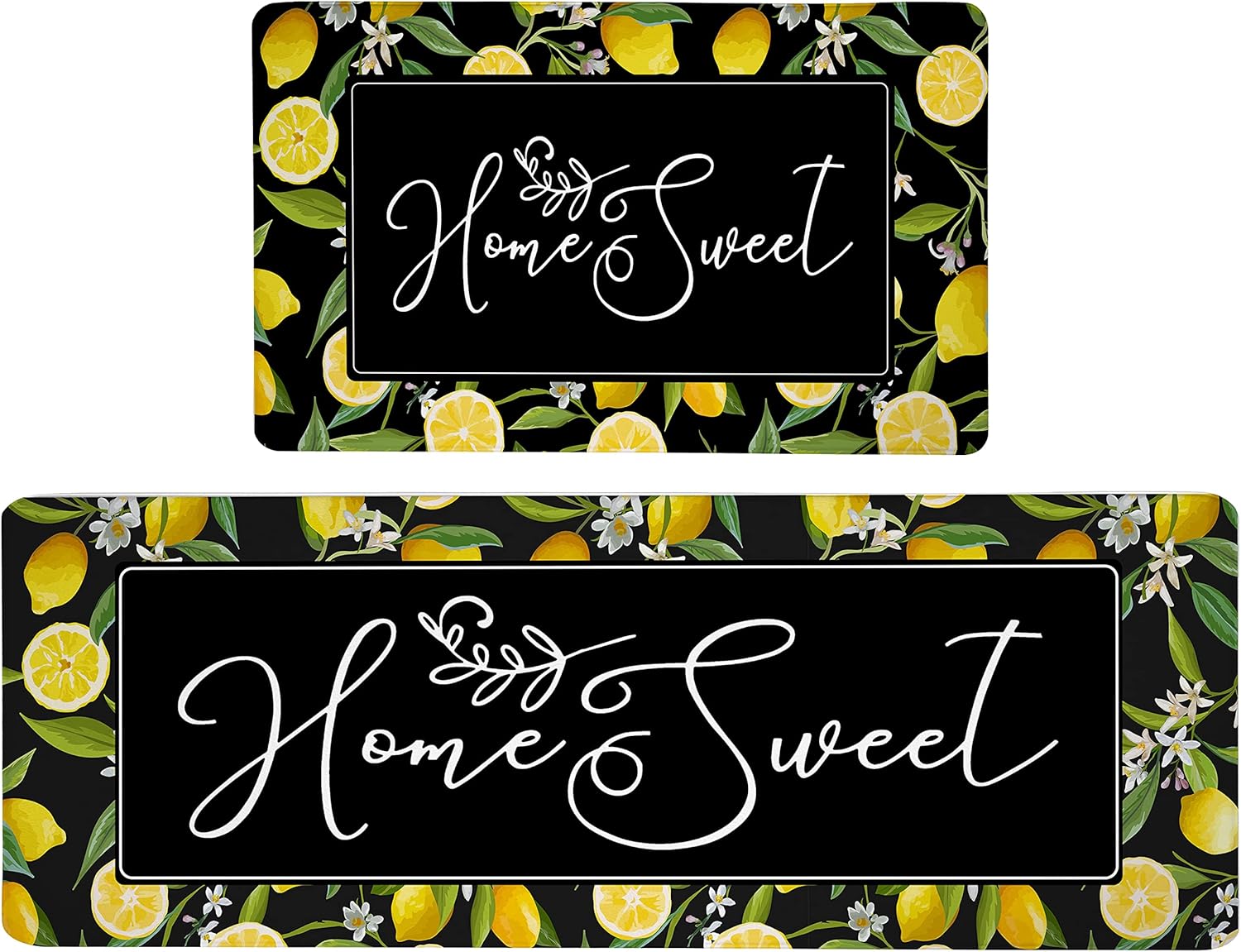 chiinvent Lemon - Juego de 2 tapetes de cocina antifatiga para piso, color negro, amarillo, antideslizantes, lavables, juego de 2 tapetes acolchados