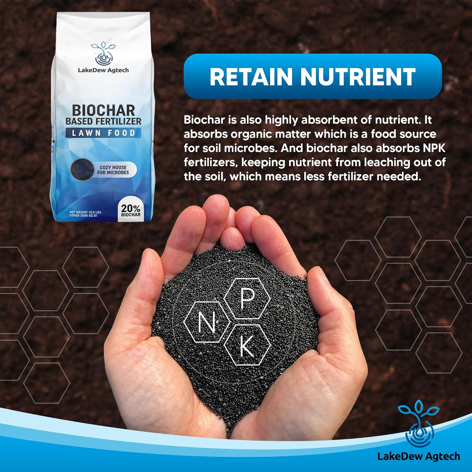 LakeDew Biochar Lawn Fertilizer 16‑0‑8 – Moisture Retention & Microbial Boost – Fix New Construction or Sandy Soils – Eco‑Friendly, Covers 2,500‑6,000 sq ft