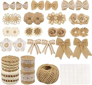 34 PCS Jute Burlap Flowers for Crafts, Natural Handmade Rustic Burlap Flower Bowknots Set, Burlap Ribbons with Lace, Jute Twine, Glue Point for DIY Craft Wreath Gift Wedding Party Christmas by Gbateri