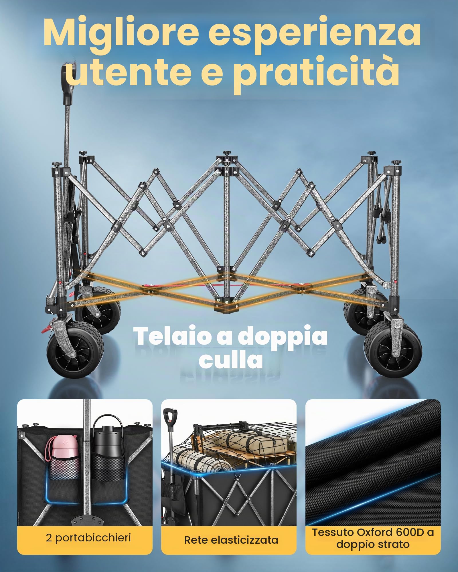 YEAUPE PRO Carrello Spiaggia Pieghevole XXXL – Doppi freni, doppia forcella rinforzata, ruote grandi, manico regolabile, rete elastica inclusa, carrello con ruote portatutto – 250kg/260L, Nero Carbone
