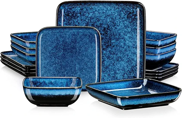 vancasso Stern Blue Dinnerware Set Square Tableware 16 Pieces Kitchen Dinnerware Stoneware Crockery Set with Dinner Plate, Dessert Plate, Bowl and Soup Plate Service for 4