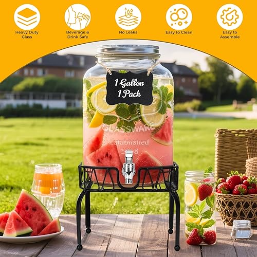 Miniatura 3 de Dispensador de bebidas de vidrio con soporte y tapa, un paquete de 2 galones con espita de acero inoxidable, dispensadores de bebidas de vidrio para