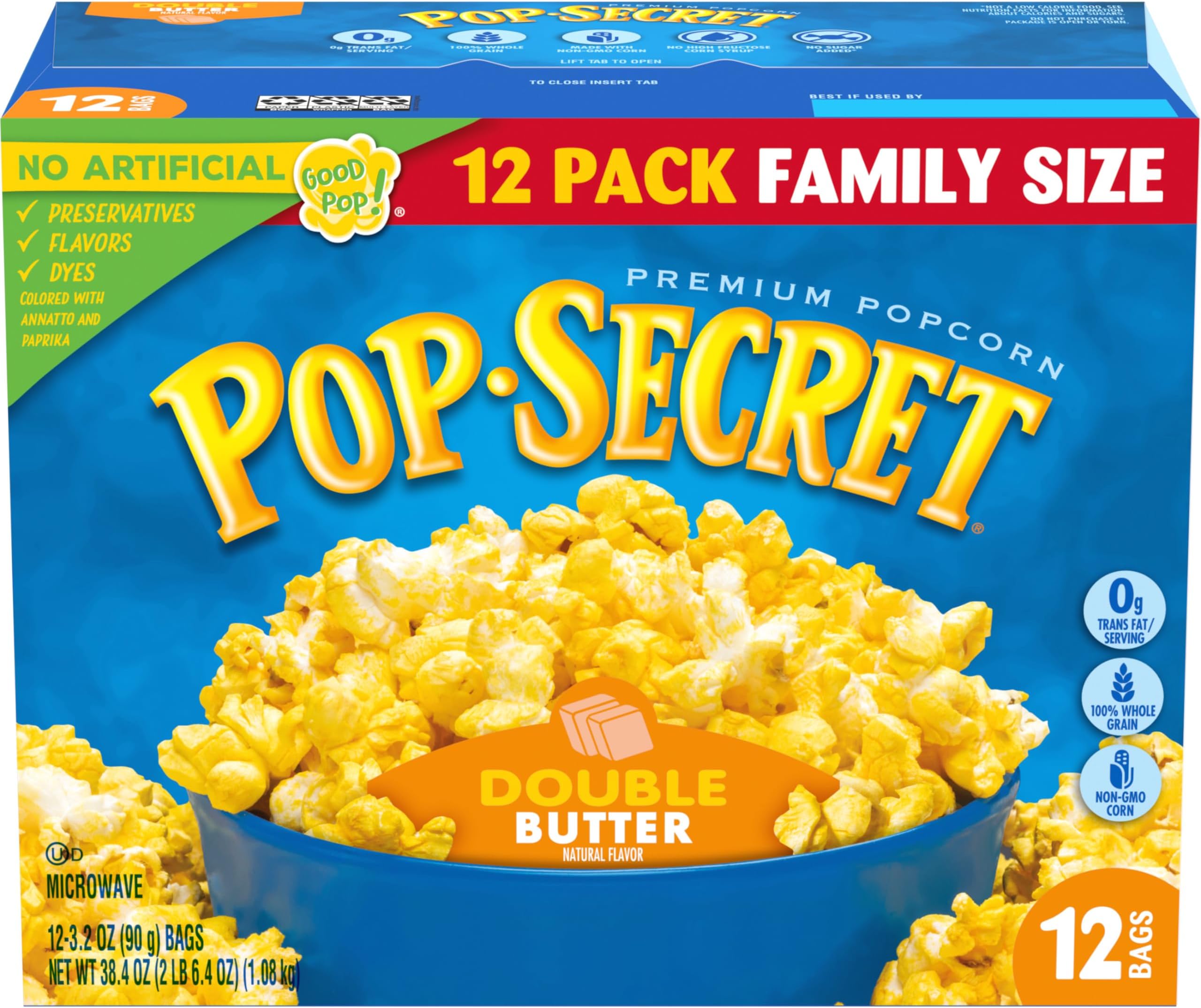 Pop Secret Popcorn, Double Butter Microwave Popcorn, 3.2 Oz Sharing Bags, 12 Ct