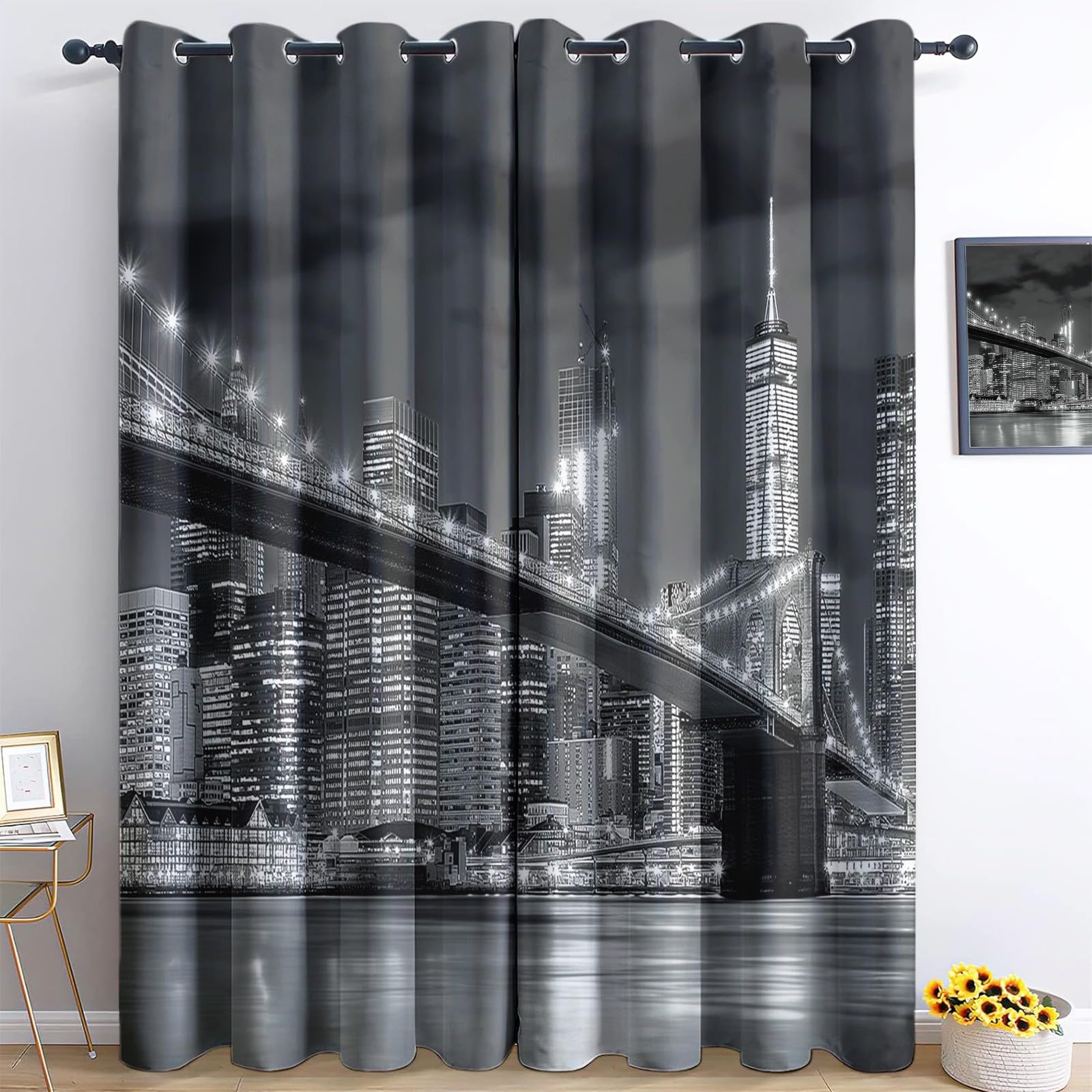 Tenda oscurante per finestra Grigio stampa 140L x 260A cm (2 Pannelli) Tenda decorativa per finestra Skyline di New York per camera da letto e soggiorno Tende oscuranti con isolamento energetica