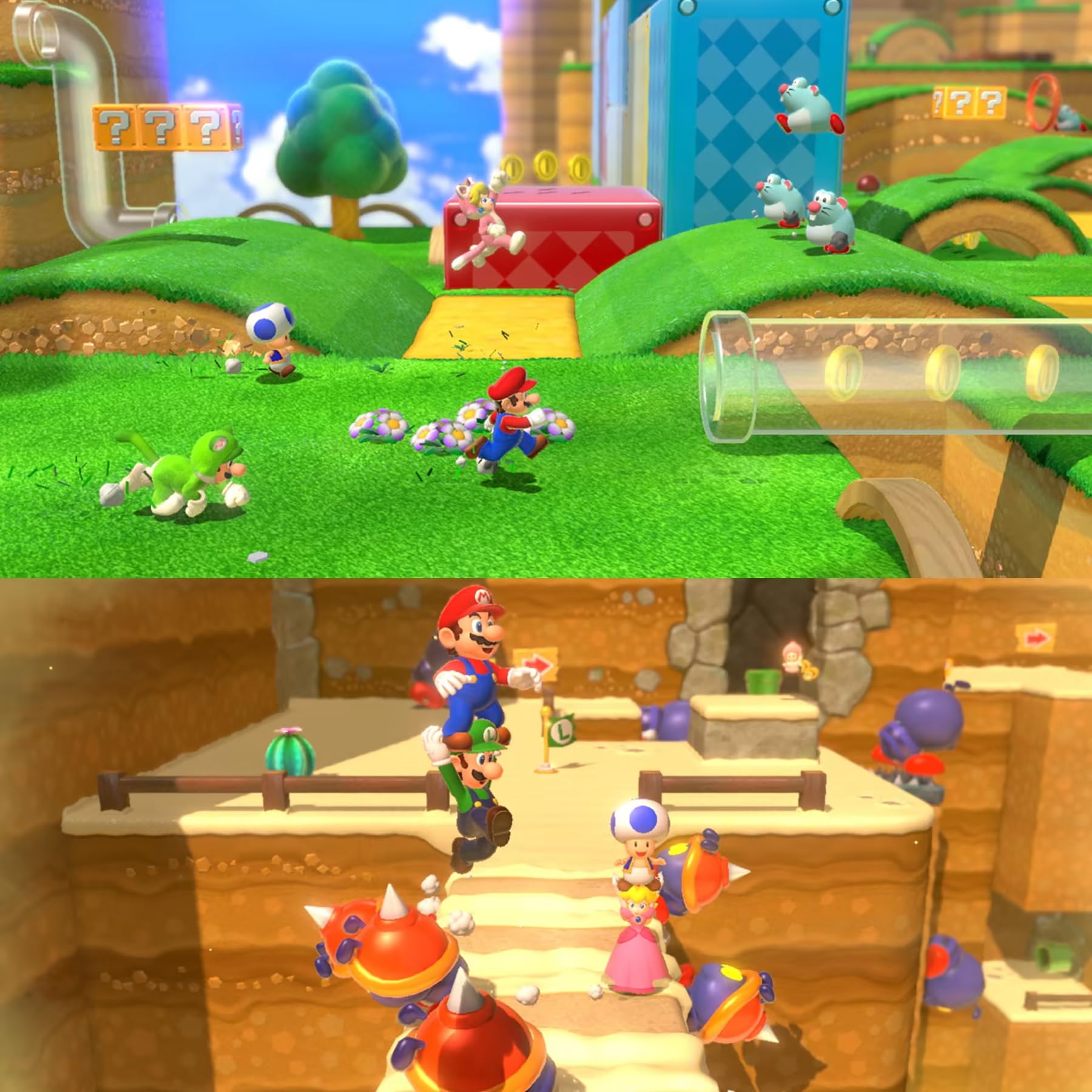 Super Mario 3D World + Bowser's Fury per Nintendo Switch, con impugnature per pollice PremGear (confezione da 8 - nero, blu, rosso e trasparente), porta carte da gioco a 24 slot e panno di pulizia