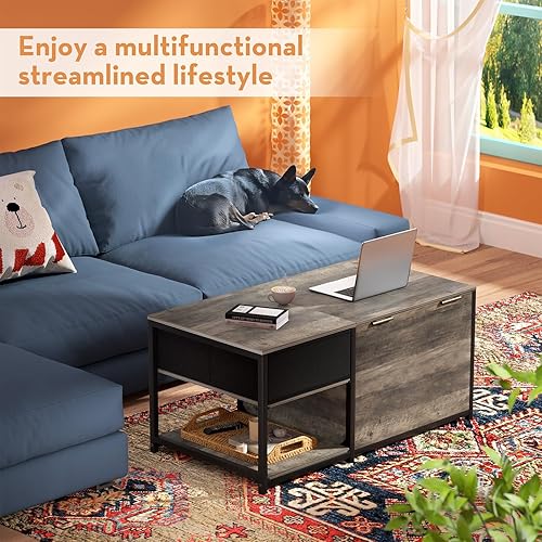 Miniatura 5 de SINPAID Mesa de centro con almacenamiento, mesas de centro rectangulares para sala de estar, mesa de centro de granja con compartimento de Gris