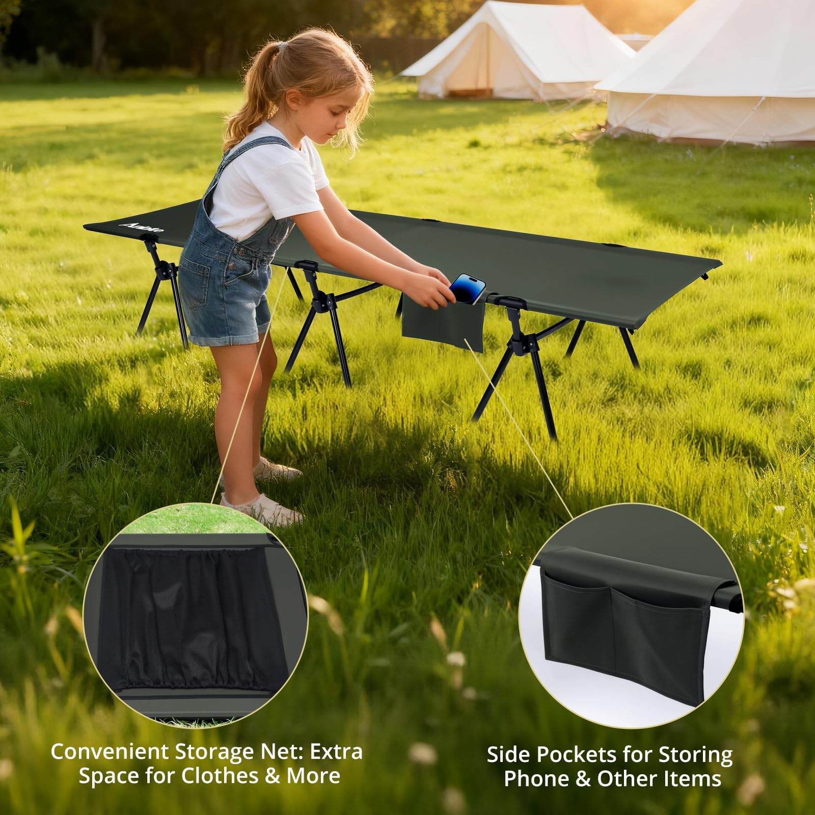 Anbte Campingbett Höhenverstellbar 190x70x[16/42] cm Feldbett bis 180kg Tragfähigkeit mit Tragetasche Bequemes Kinderbett Ultraleicht Klappbett für Reisen Strand Garten Büro (Grün)