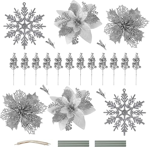 RECUTMS Juego de 60 piezas de flores de Pascua artificiales con purpurina, 3 estilos, para decoración de árbol de Navidad, corona de boda,