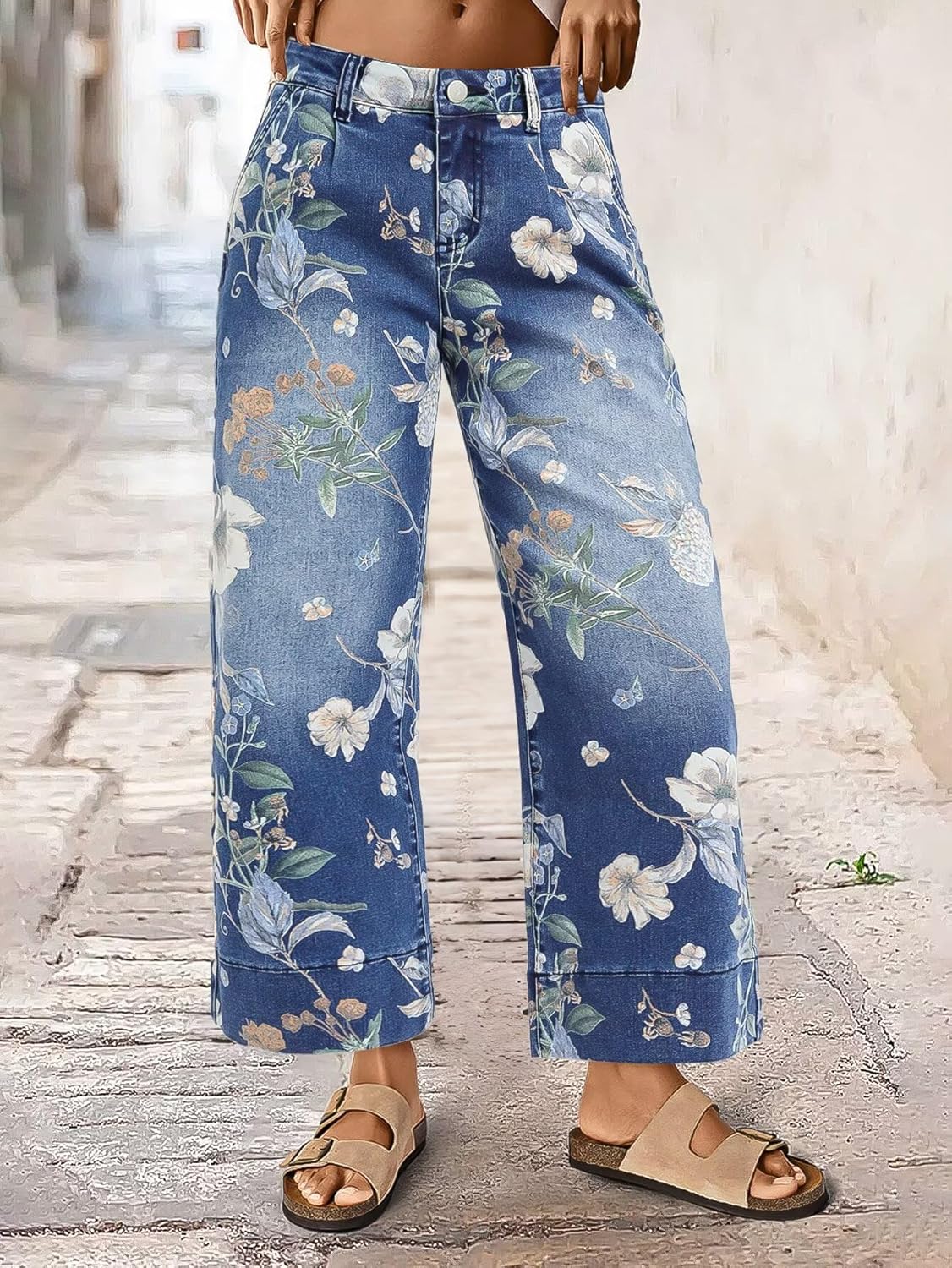 Flamingals Floral Print Wide Leg Cropped Pants for Women Trendy Mid Rise Boho Ankle Cute Jeans
