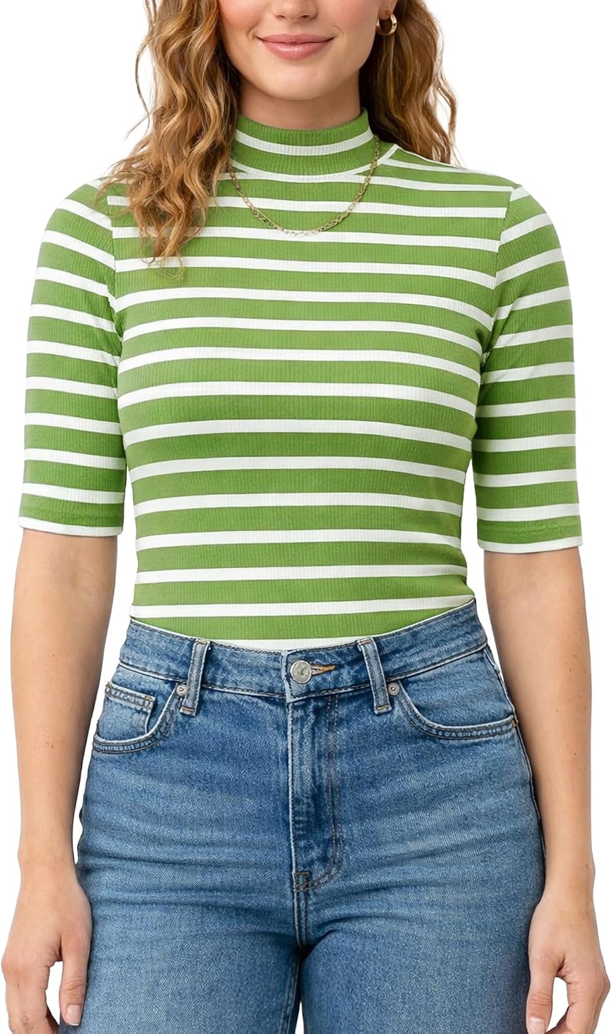 Zengjo Women‘s Striped Shirt Mock Neck Elbow Length Slim Fitted Short Sleeve Ribbed Turtleneck Tops