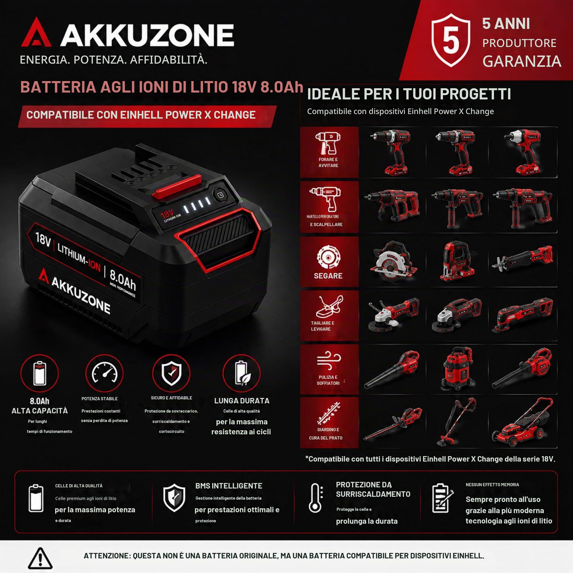 Batteria da 18 V, 8,0 Ah, compatibile con Einhell Power X-Change, batteria di ricambio agli ioni di litio con indicatore LED dello stato di carica e sistema di gestione della batteria