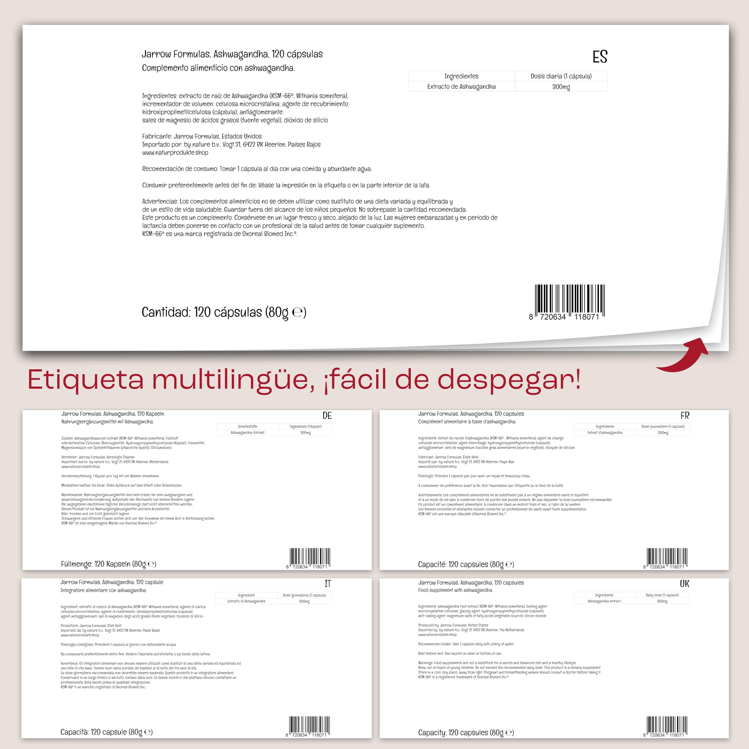 Jarrow Formulas, Ashwagandha (Withania Somnifera), 300mg, Dosis Alta, 120 Cápsulas veganas, Probadas en Laboratorio, Vegetarianas, Sin Soja, Sin Gluten, No GMO