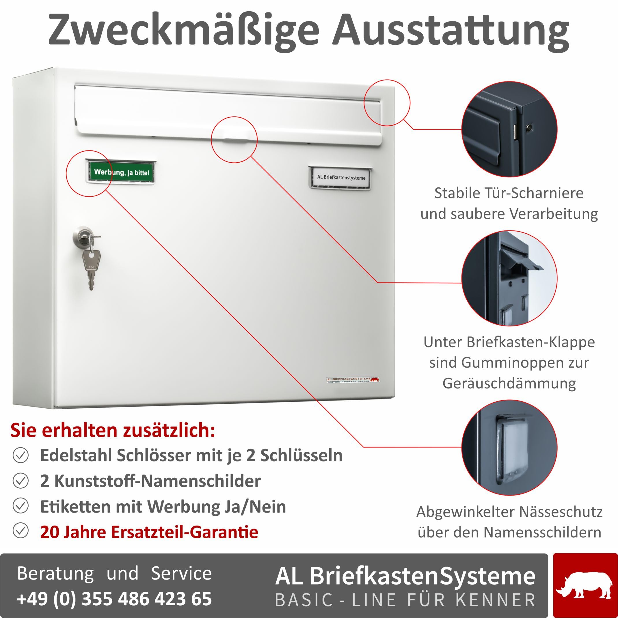 AL Briefkastensysteme Basic 2er Briefkasten RAL 9016 Verkehrs Weiss 2 Fach DIN A4 wetterfest Briefkastenanlage mit Posthaltebügel und 2 Namensschildern