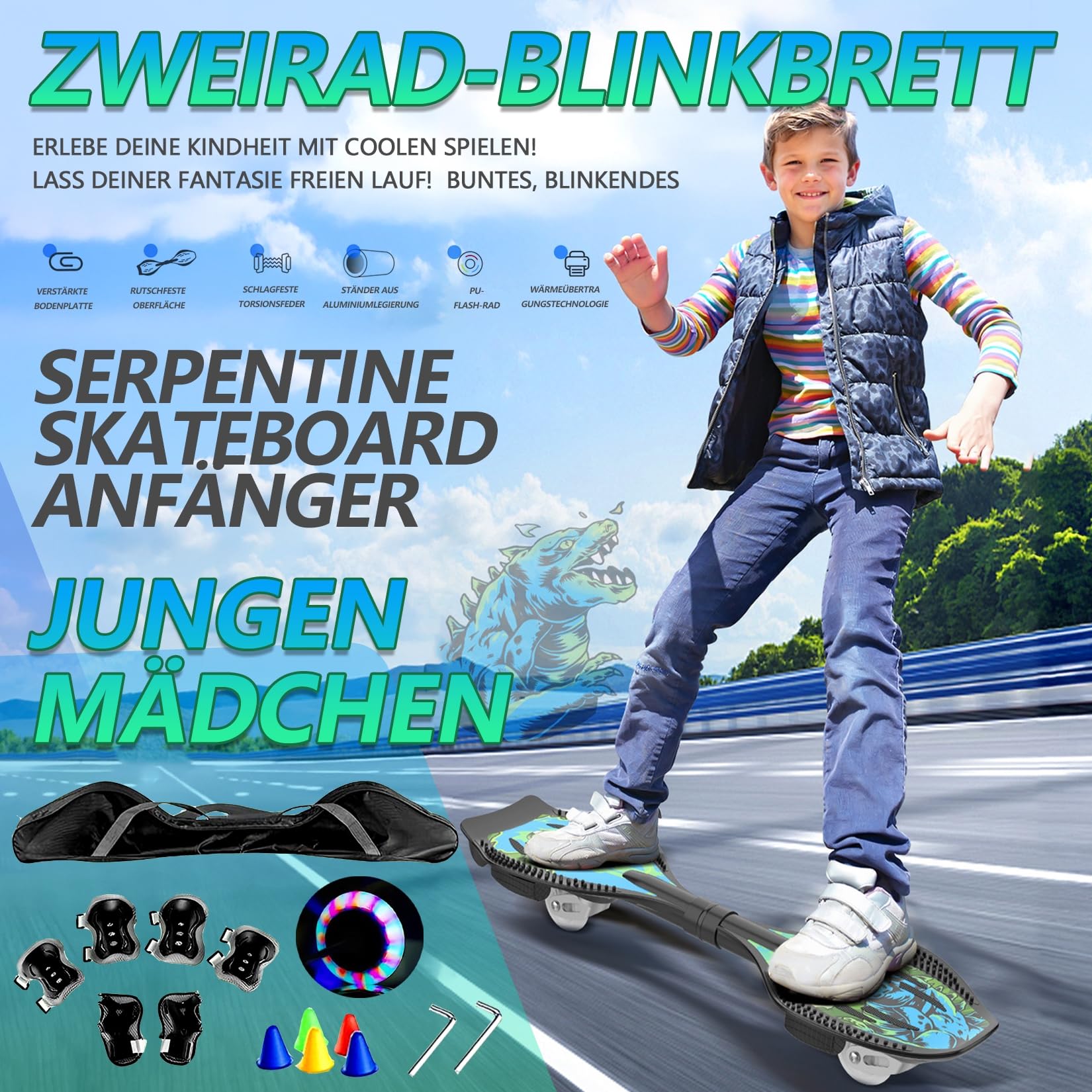 Waveboard für Kinder und Erwachsene - Snakeboard mit LED Leuchtrollen Bremssystem, bis 129kg, Alu-Rahmen, 360° Drehbar, inkl. Schutzset Tasche für Straße Skatepark