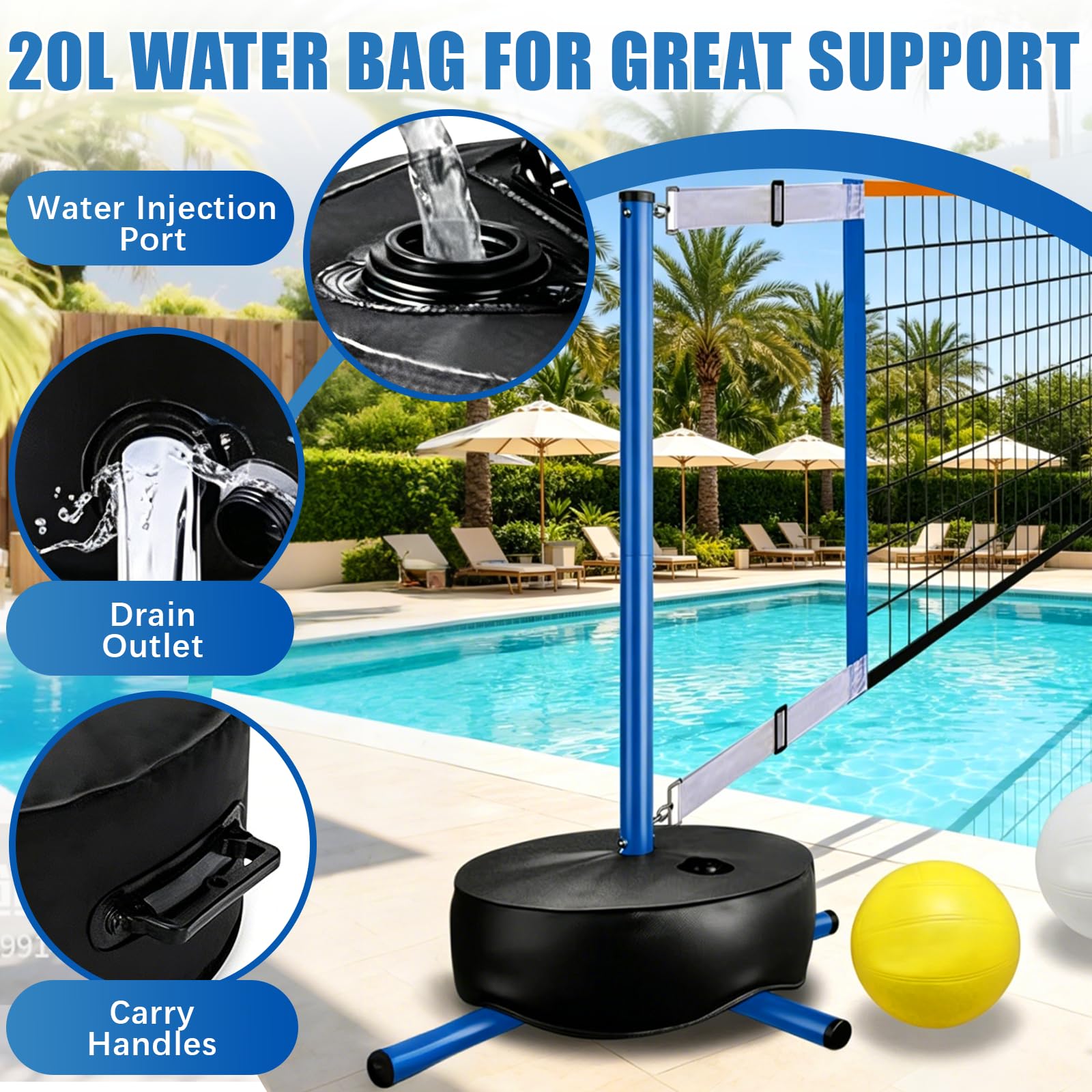 Ensemble De Volleyball Aquatique, Filet Portable pour Adultes avec Sac à Eau De 20l Et Pompe à Air pour des Parties De Piscine Estivales Longueur RéGlable De 4,5 à 7,6 M