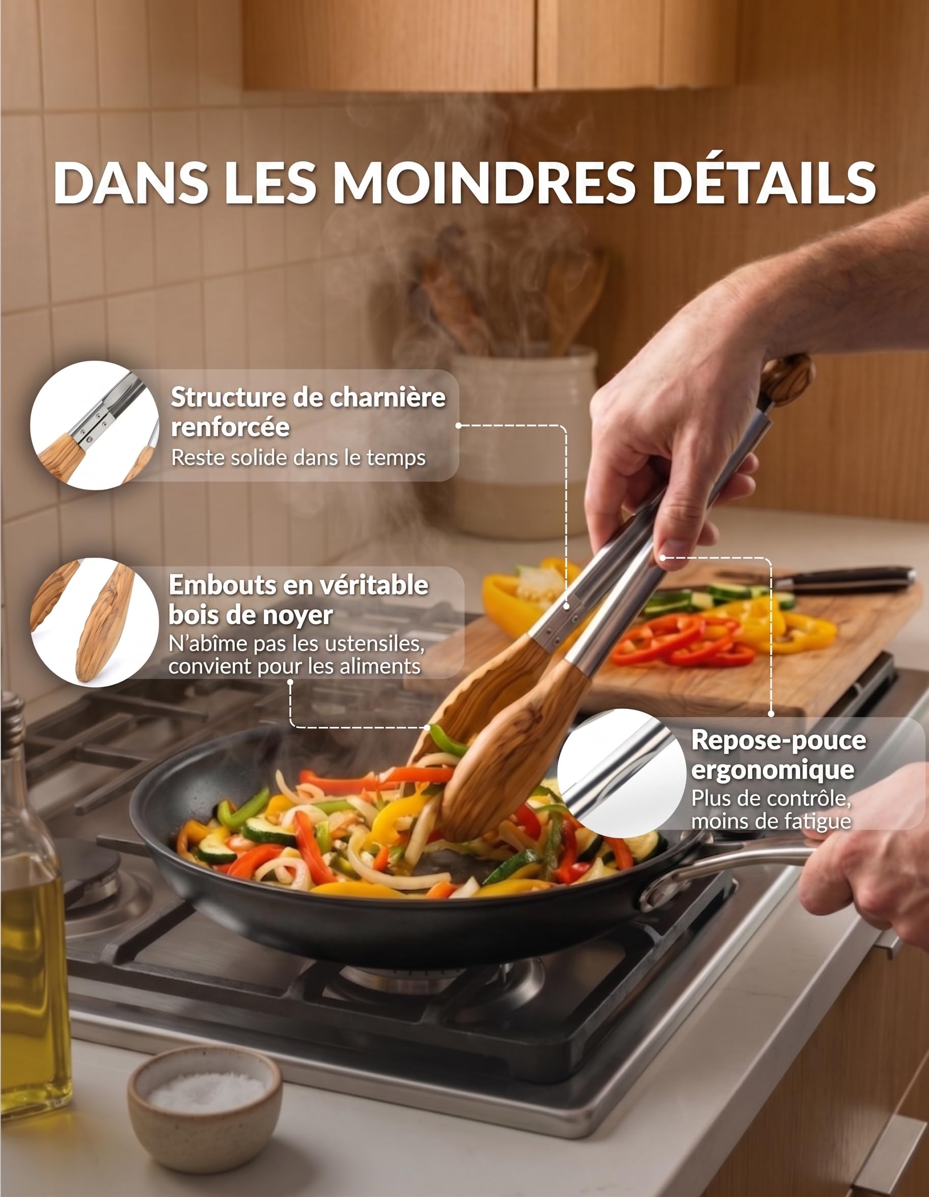 Boxiki Kitchen Pinces de Cuisine avec Embouts en Bois d'Olivier - Pinces Idéales pour BBQ, Salade, Grille-Pain, Pain & Cornichons - Fabriquées en Bois d'Olivier Naturel, Taille 28 cm