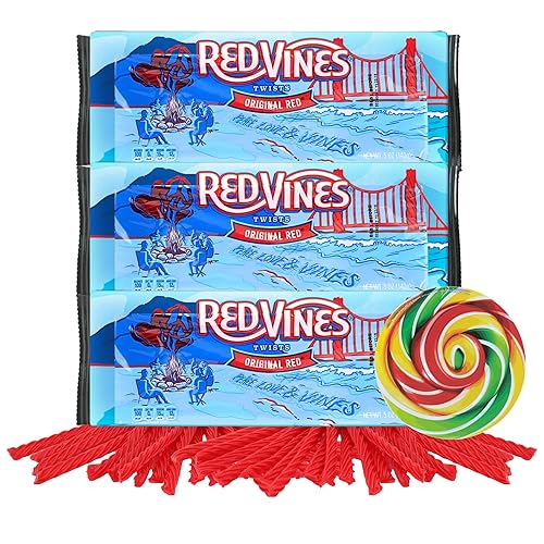 Giros de regaliz de cereza roja (5 onzas (paquete de 3)), caramelo gourmet con sabor natural, suave y masticable, adhesivo de remolino incluido