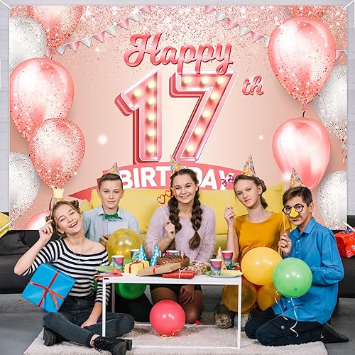 Miniatura 7 de Cartel de feliz cumpleaños 17 de oro rosa con texto en inglés "Cheers to 17 Years Year" - Globos de confeti, decoración temática para niñas de 17