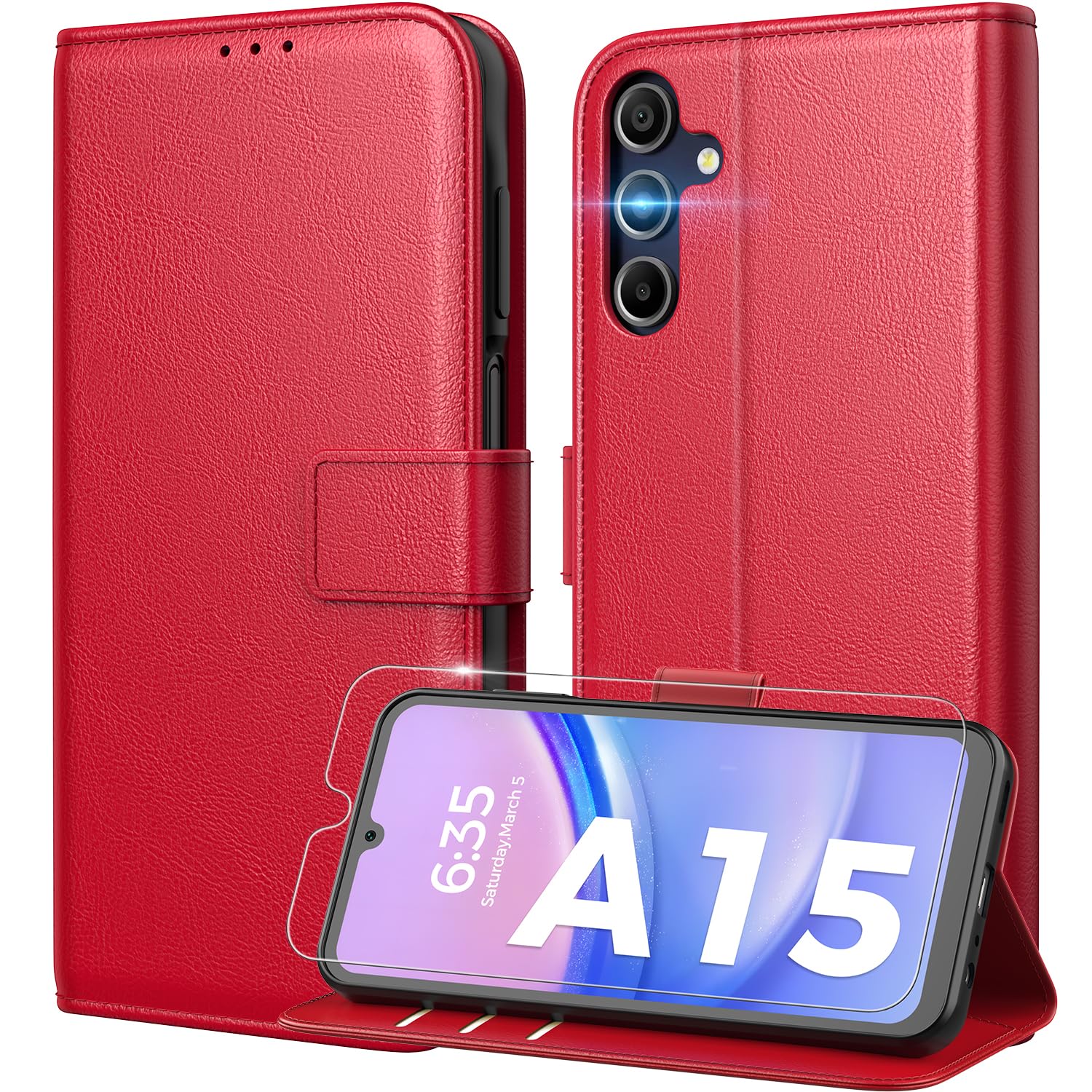 Peakally Handyhülle für Samsung Galaxy A15 4G / 5G Hülle [Mit 1 Stück Panzer Schutz Glas] [Premium PU Leder] [RFID-Blockierung] [Kartenfach] [Ständer] Klapphülle kompatibel mit Galaxy A15 - Rot