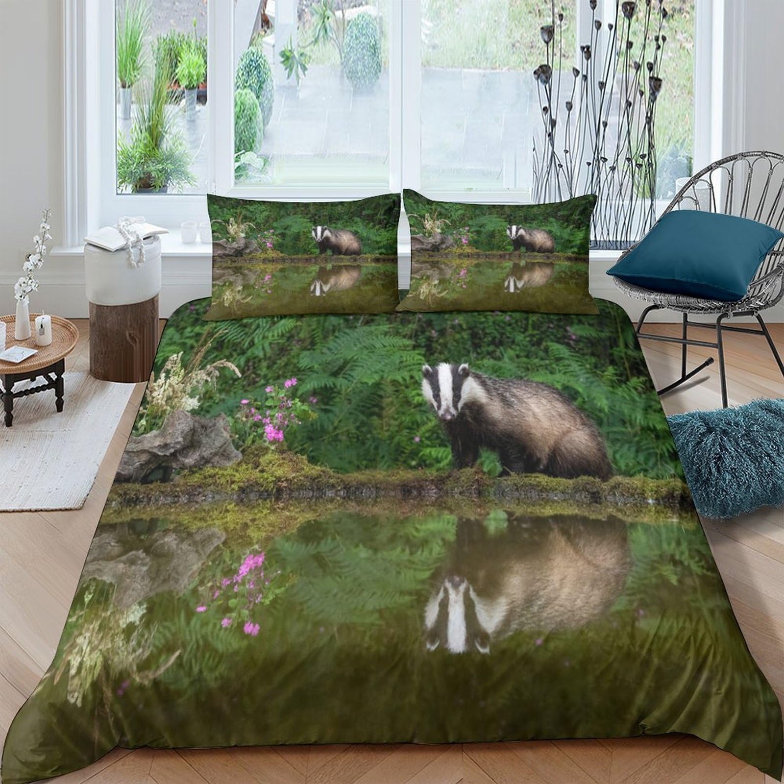 GPLZQXKJNH 3D Printed Badger Forest Duvet Cover Microfiber Breathable Woodland Reflection Bedding Set with 2 Pillowcases for Bedroom Decor Single（135x200cm）