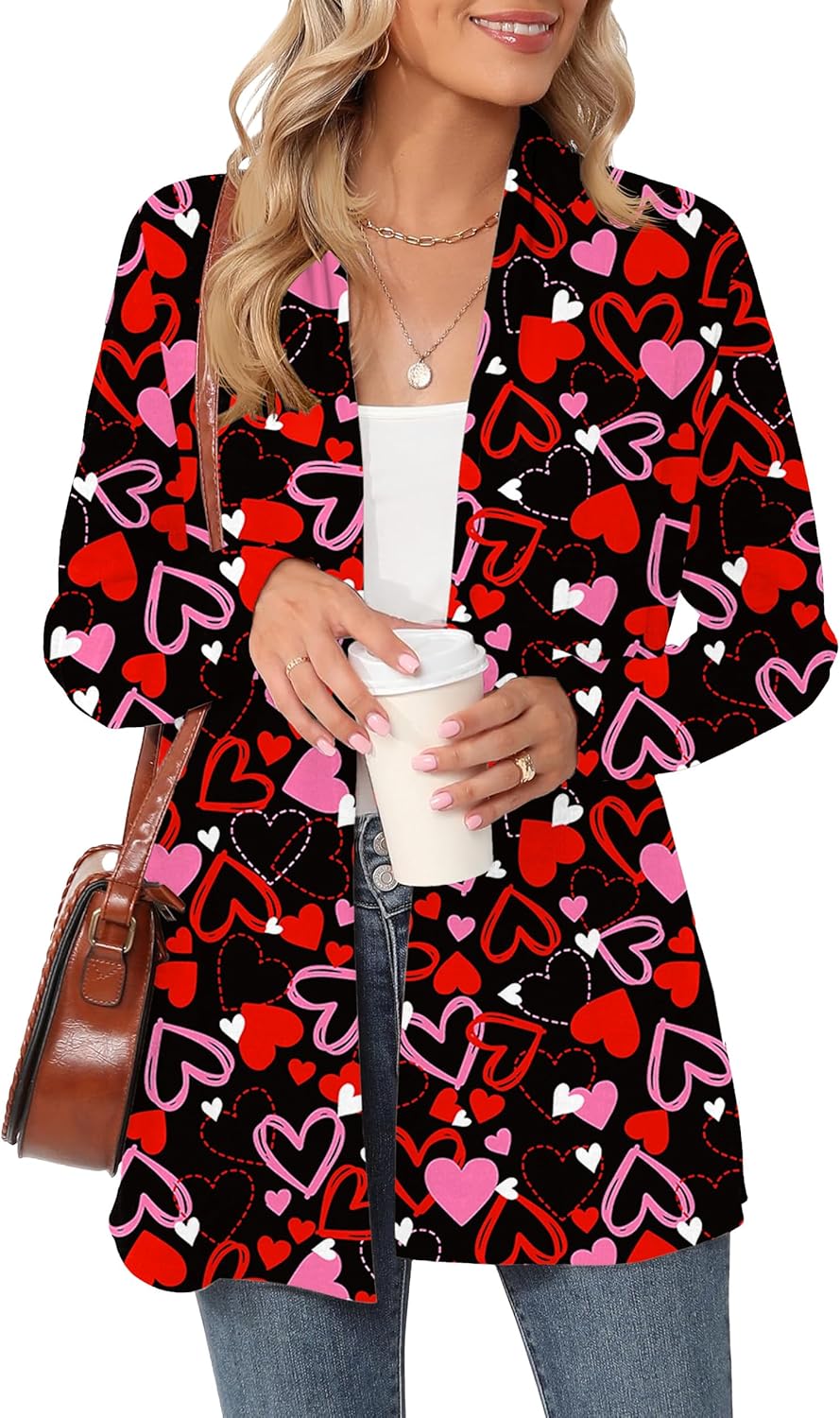 Womens Valentines Long Sleeve Lightweight Cardigan Heart Graphic Print Coat