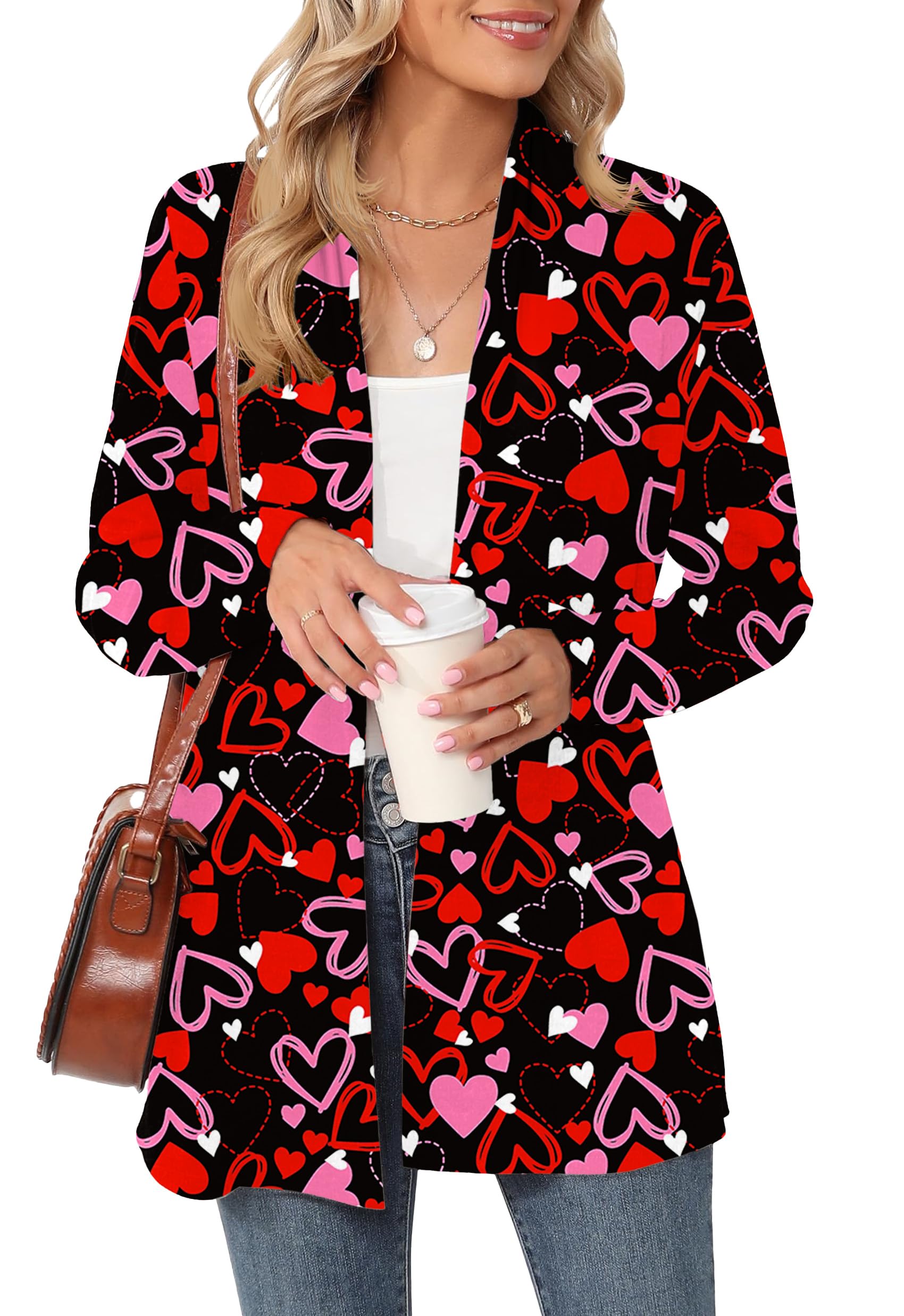 Womens Valentines Long Sleeve Lightweight Cardigan Heart Graphic Print Coat